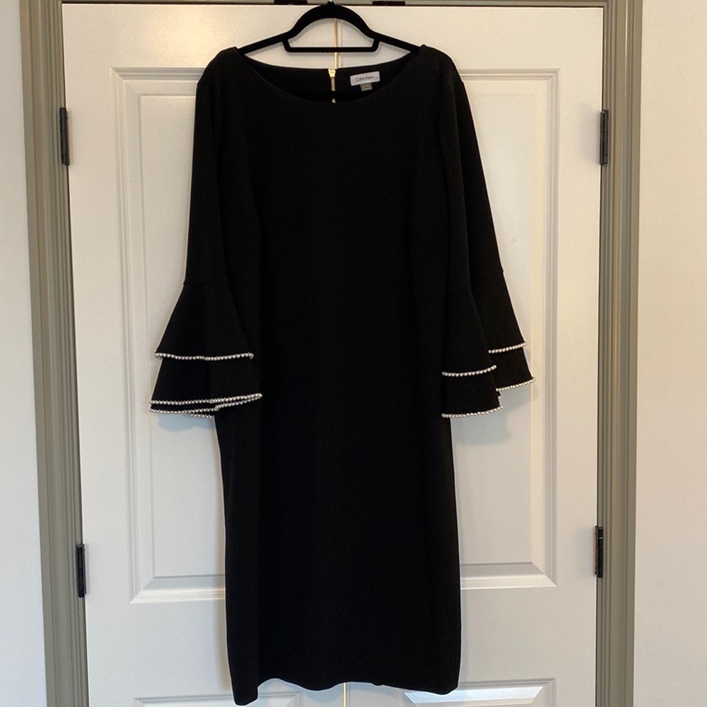 Calvin Klein Plus Size Black Sheath Dress with pearl detail, bell sleeves, 20W